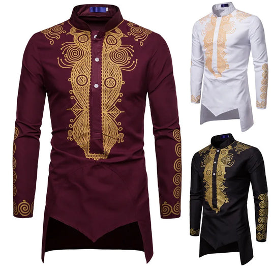 2023 Muslim Men shirts Luxury Casual Islamic Arabic Abaya Robe Fashion Ethnic Print Stand Collar Youth Mid-length Cosplay Cos