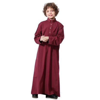 Solid Stand Collar Boys Kids Islamic Muslim Juba Kaftan Robe Arabian Dubai Qatar Children Long Dress Singel-Breasted Abaya Robe