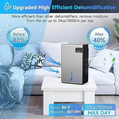 Compact Portable Dehumidifier 720sq ft Quiet Auto-Off Function 95oz Water Tank 2 Modes Bedroom Kitchen Bathroom Closet Air