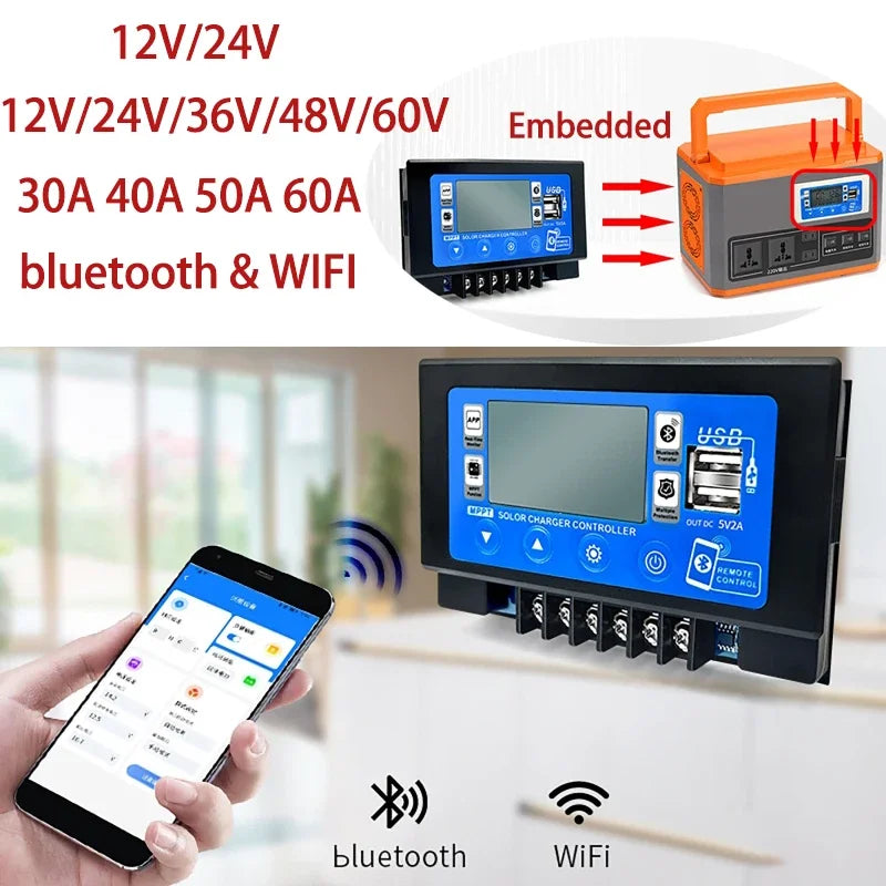 12V 24V 36V 48V 60V Auto bluetooth Wifi Solar Charge Controller Embedded Snap-on Dual USB MPPT For Lithium Lead Acid Battery