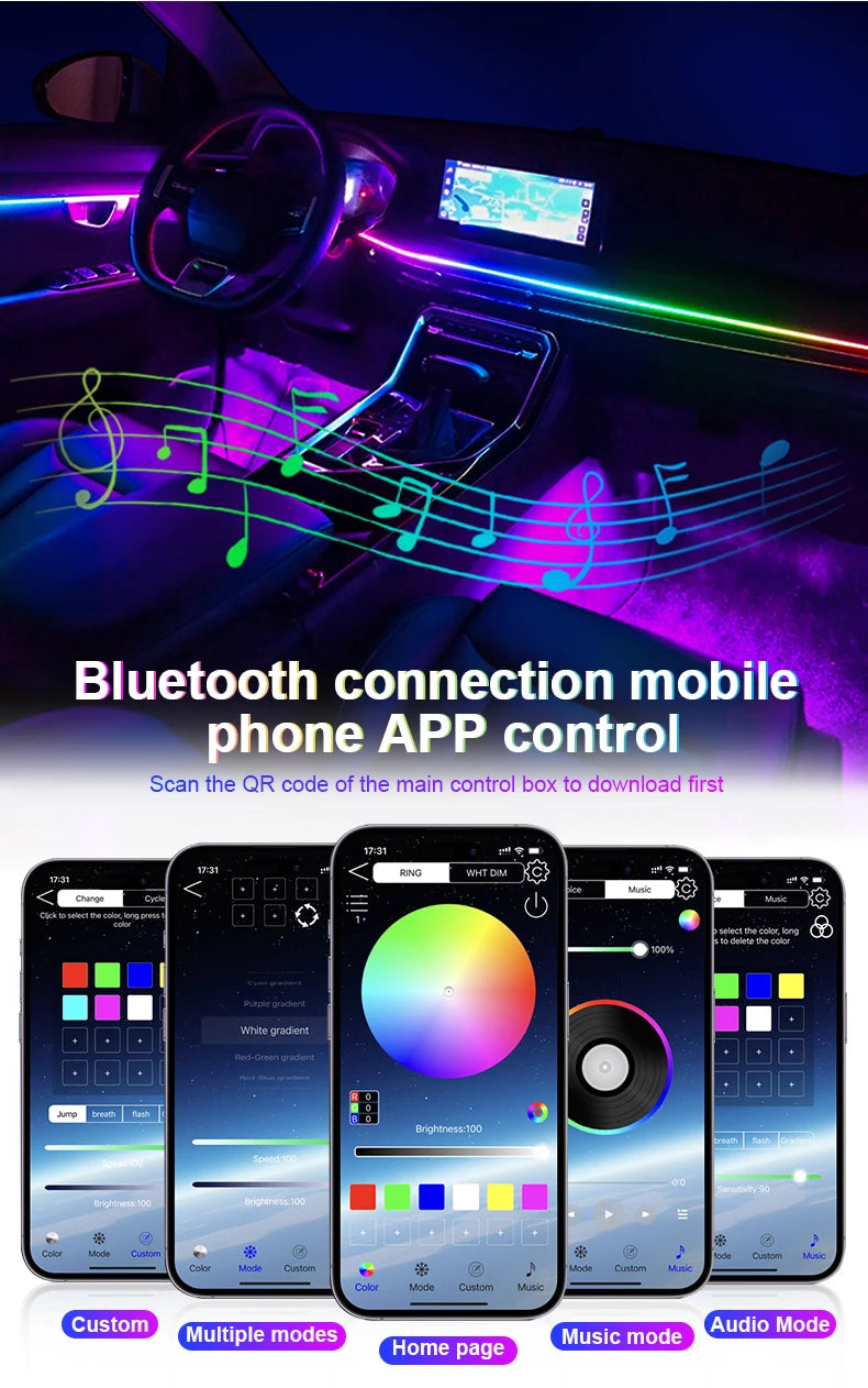 10/14/18 in 1 Led Car Ambient Lights 213 64 Color RGB Symphony Streamer Bluetooth Rainbow Acrylic Strips Atmosphere Lamp Kit 12V