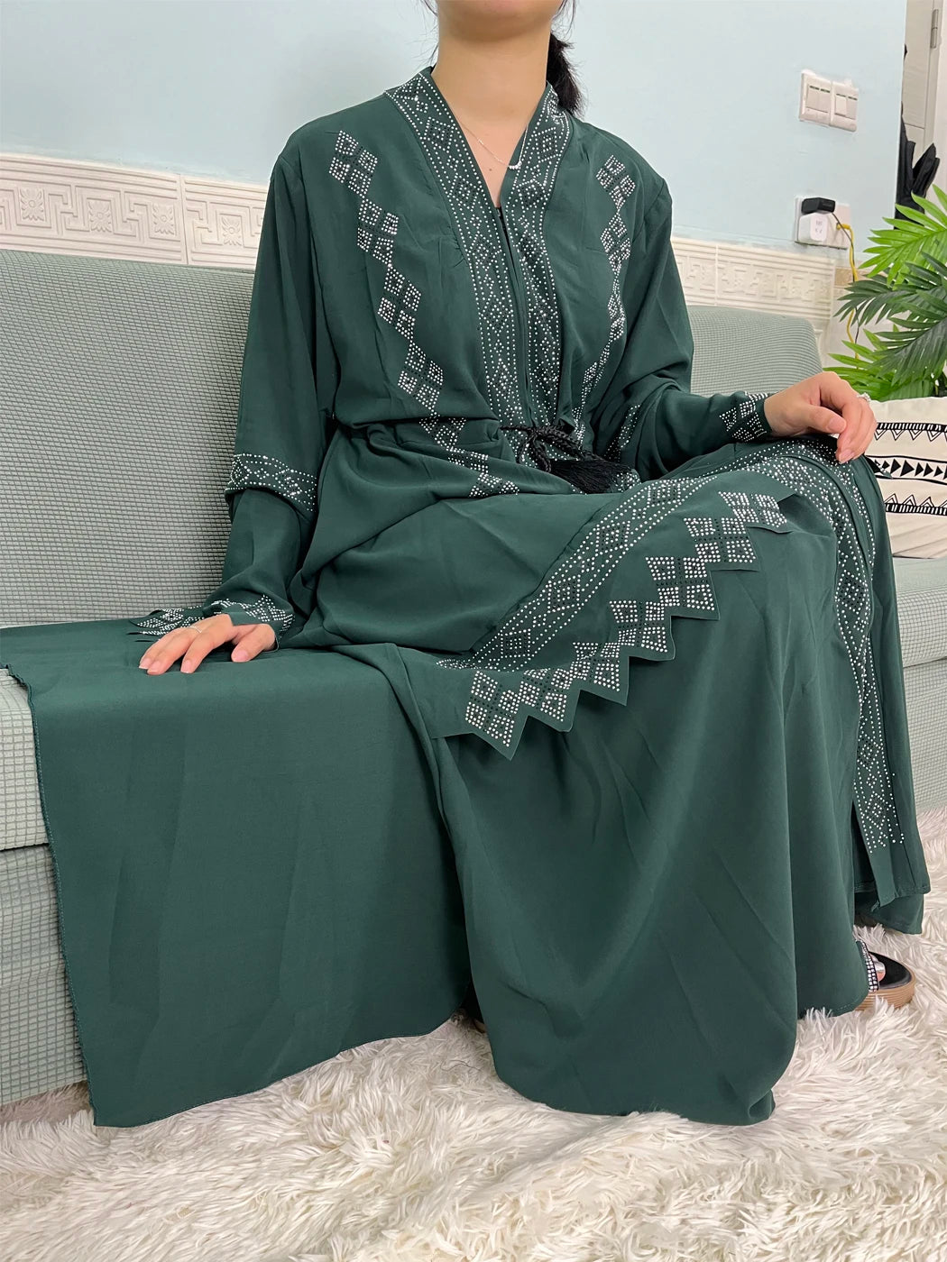 Muslim Open Abayas For Women Dubai Chiffon Set Auger V-neck Fashion Design Boubou Loose Femme Robe Party Dresses With Headscarf