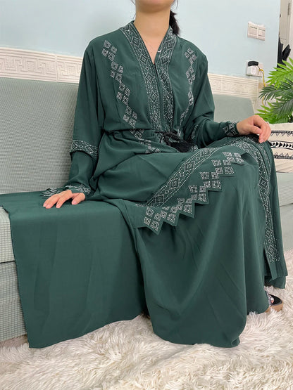 Muslim Open Abayas For Women Dubai Chiffon Set Auger V-neck Fashion Design Boubou Loose Femme Robe Party Dresses With Headscarf