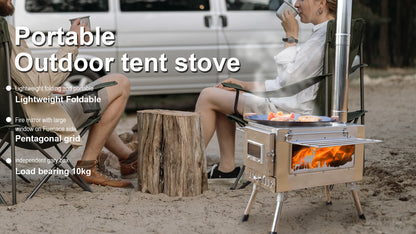 Large Portable Fire Wood Stove with Window Pipe, Tent Heater, Cot Camping, Ice-fishing Cooking, Outdoor BBQ