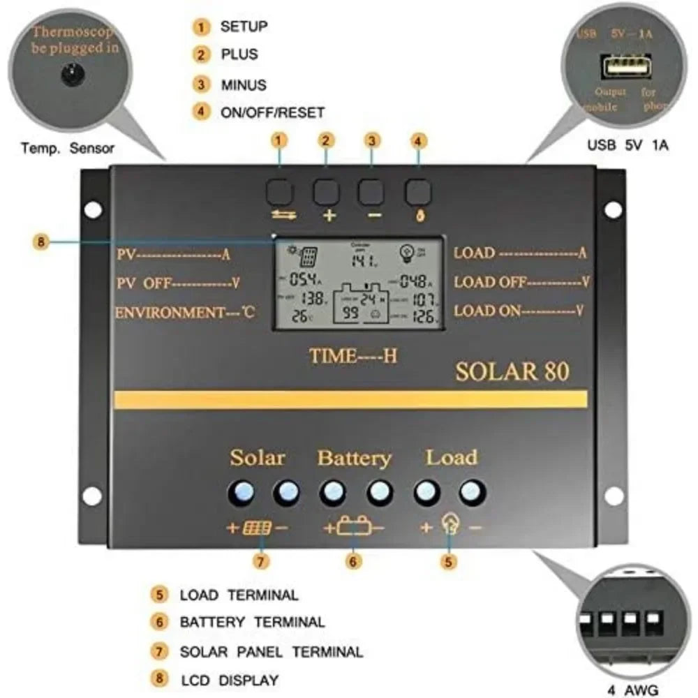 Solar Charge Controller Solar Panel Charger Discharge Regulator with 5V USB Output Multip Circuit Protection Anti-Fall Durable