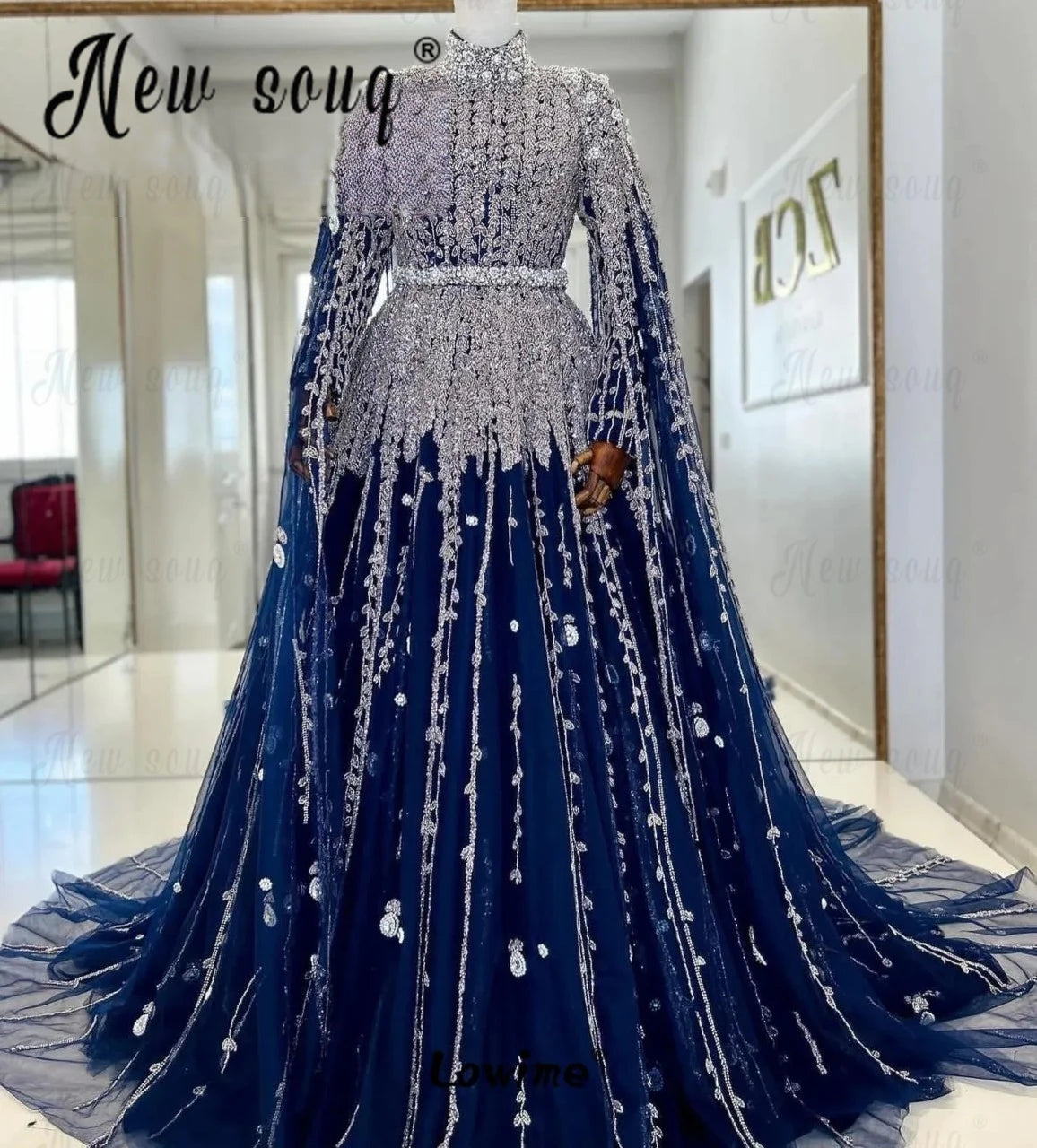 Abendkleider Navy Blue Dubai Bridal Gown With Cape Sleeves Tulle Beads Sequin Muslim Saudi Arabic Women Wedding Dress Customized