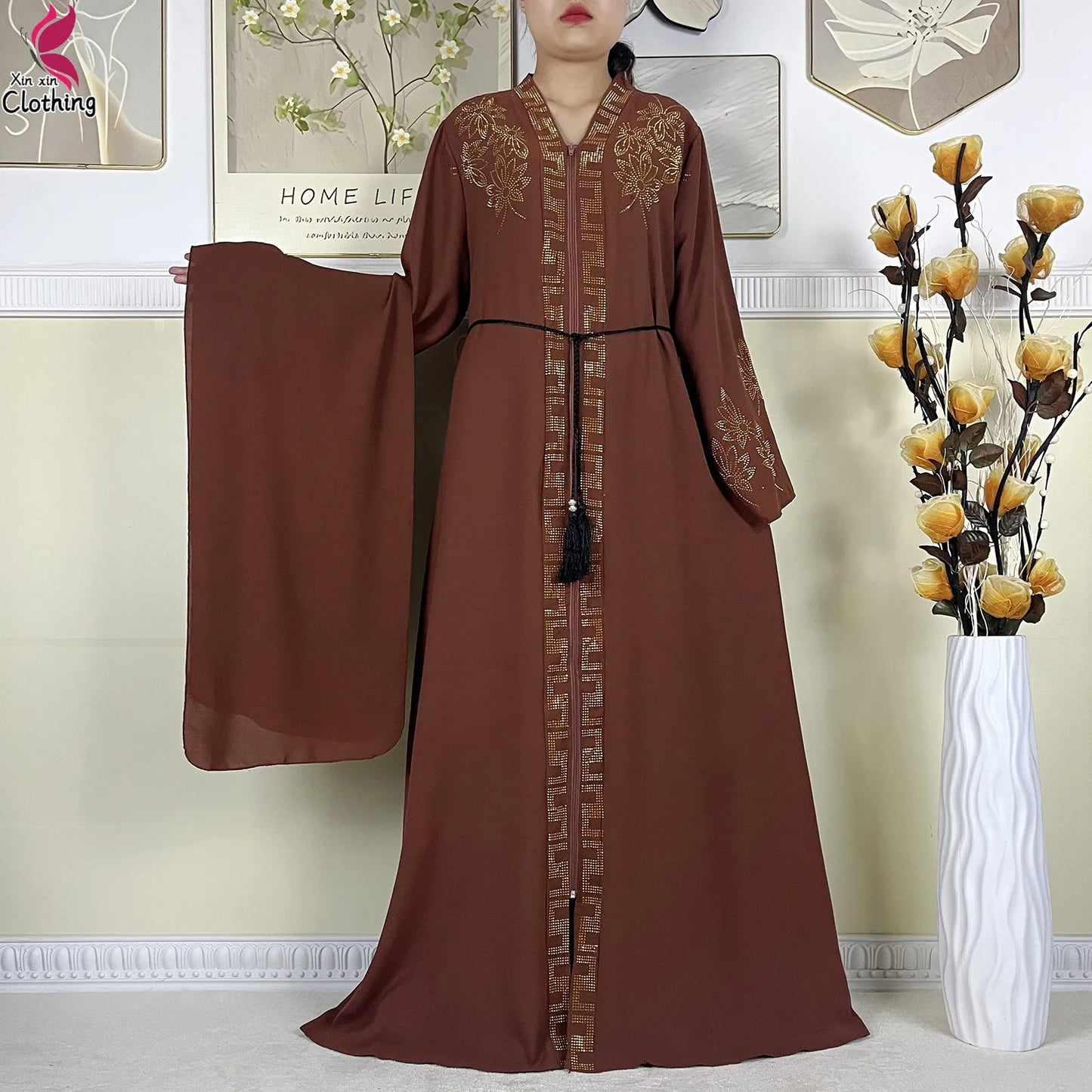 New Muslim Abayas For Women Long Sleeved Dress Dubai Lady Elegant Long Dress Islam Clothing African Abaya Loose Robe With Turban