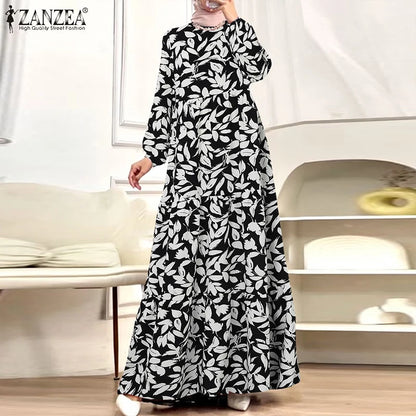 Bohemain Floral Printed Dresses ZANZEA Fashion Autumn Women Long Sleeve Muslim Abaya Robe Femme IsIamic Hijab Sundress Vestidos