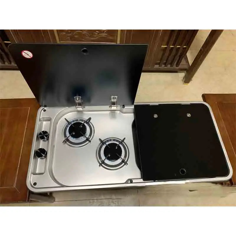 RV Gas Stove Two Burner Rectangular Stainless Steel Sink Combi with 2 Glass Lid 2.18KW 0.8MM Thickness for Car Kitchen