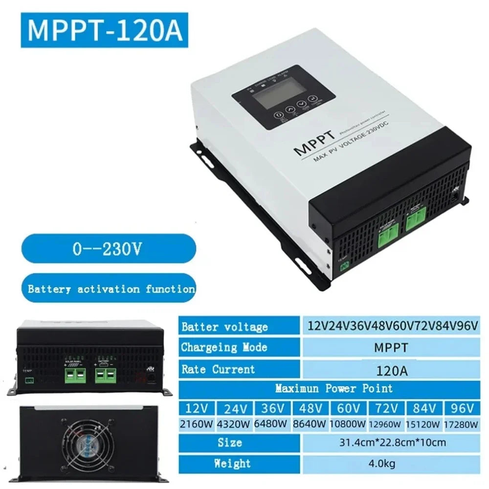 Auto 12V-96V MPPT 30A 60A 120A Solar Charge Controller 230V LCD Touch For Lifepo4 Lithium GELLead Acid Home Solar Panel System