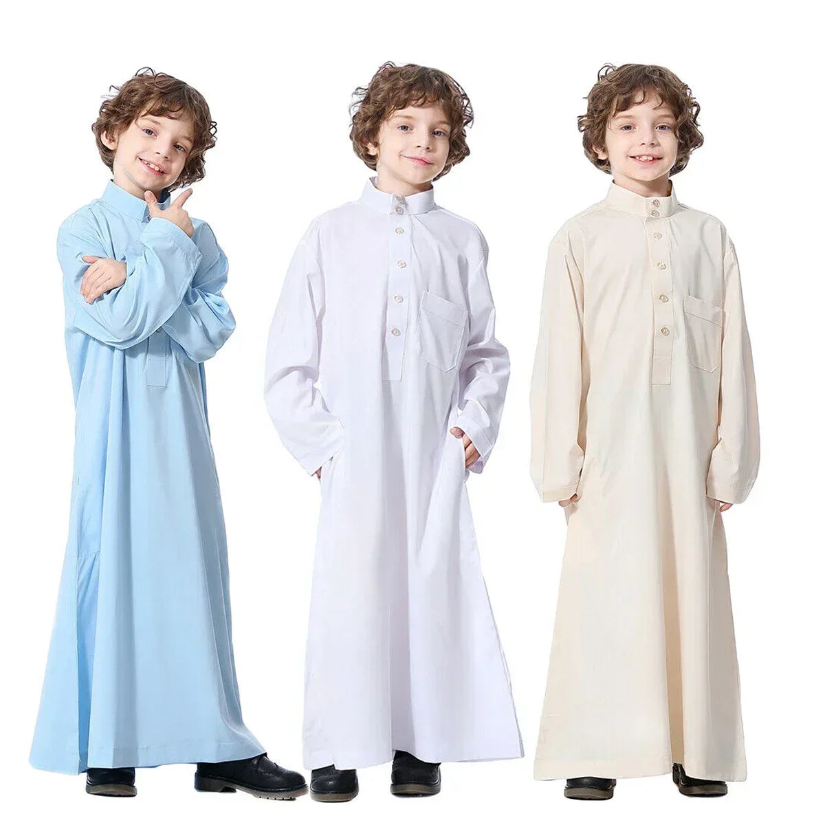 Solid Stand Collar Boys Kids Islamic Muslim Juba Kaftan Robe Arabian Dubai Qatar Children Long Dress Singel-Breasted Abaya Robe