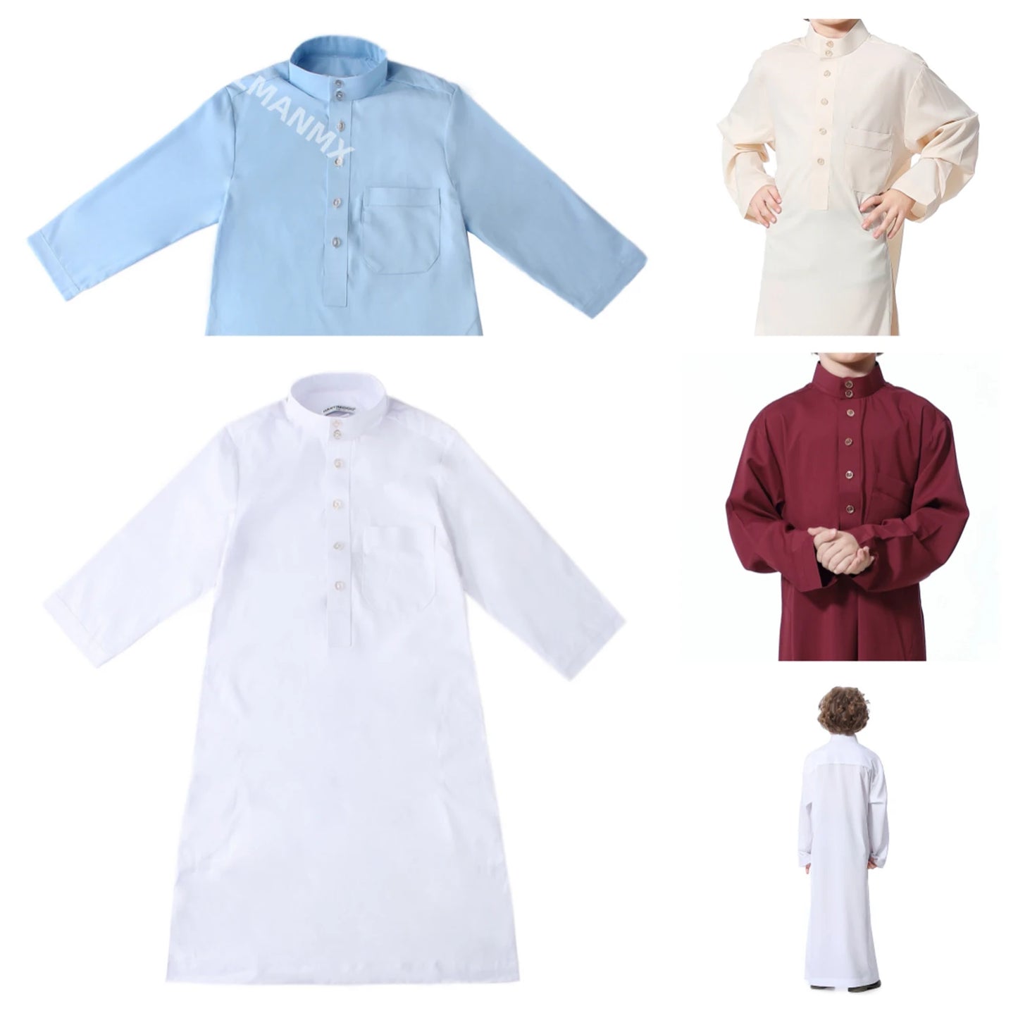 Solid Stand Collar Boys Kids Islamic Muslim Juba Kaftan Robe Arabian Dubai Qatar Children Long Dress Singel-Breasted Abaya Robe