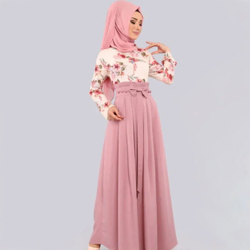 Fashion female abaya Turkish Islamic ruffle pleated hijab dress floral print women robe musulmane kaftan hijab Muslim long dress