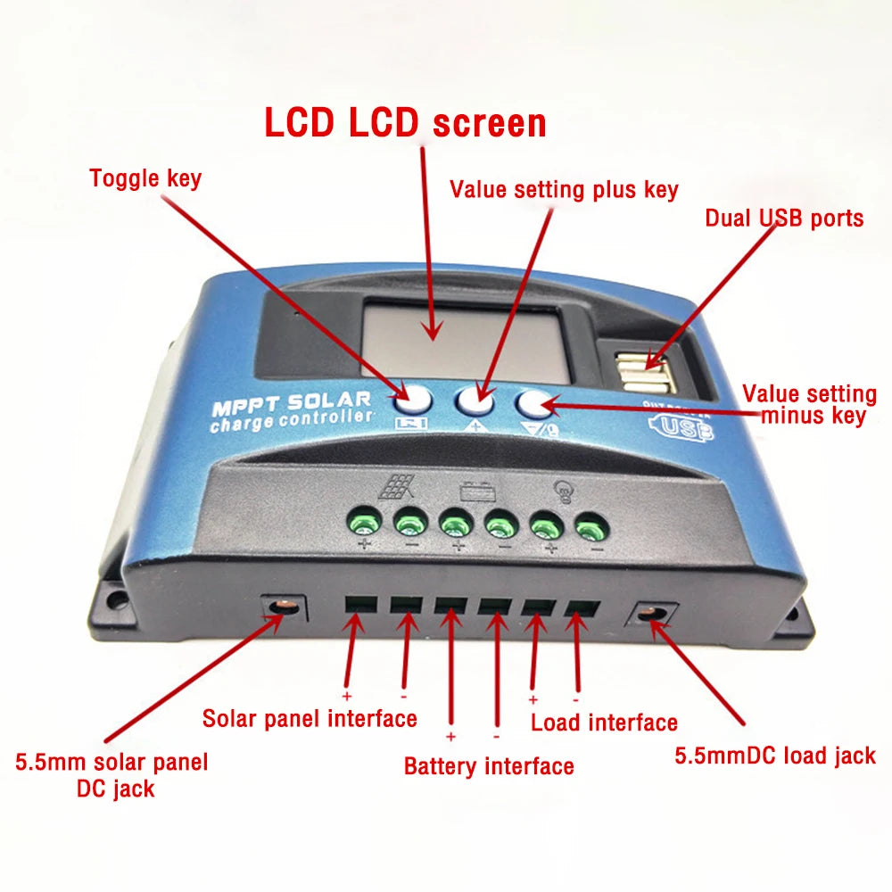 30/40/50/60/100A MPPT Solar Charge Controller Dual USB LCD Display 12V 24V Auto Solar Cell Panel Charger Regulator With Load