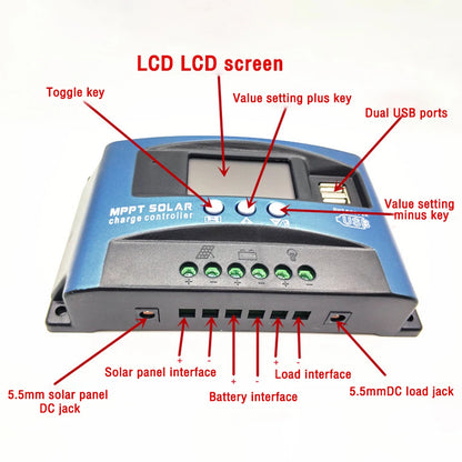 30/40/50/60/100A MPPT Solar Charge Controller Dual USB LCD Display 12V 24V Auto Solar Cell Panel Charger Regulator With Load