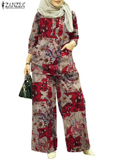 Women Autumn Matching Sets ZANZEA Bohemain Printed Blouse Wide Leg Pant Sets Woman Muslim Suit Fashion 2pcs Floral Tracksuits