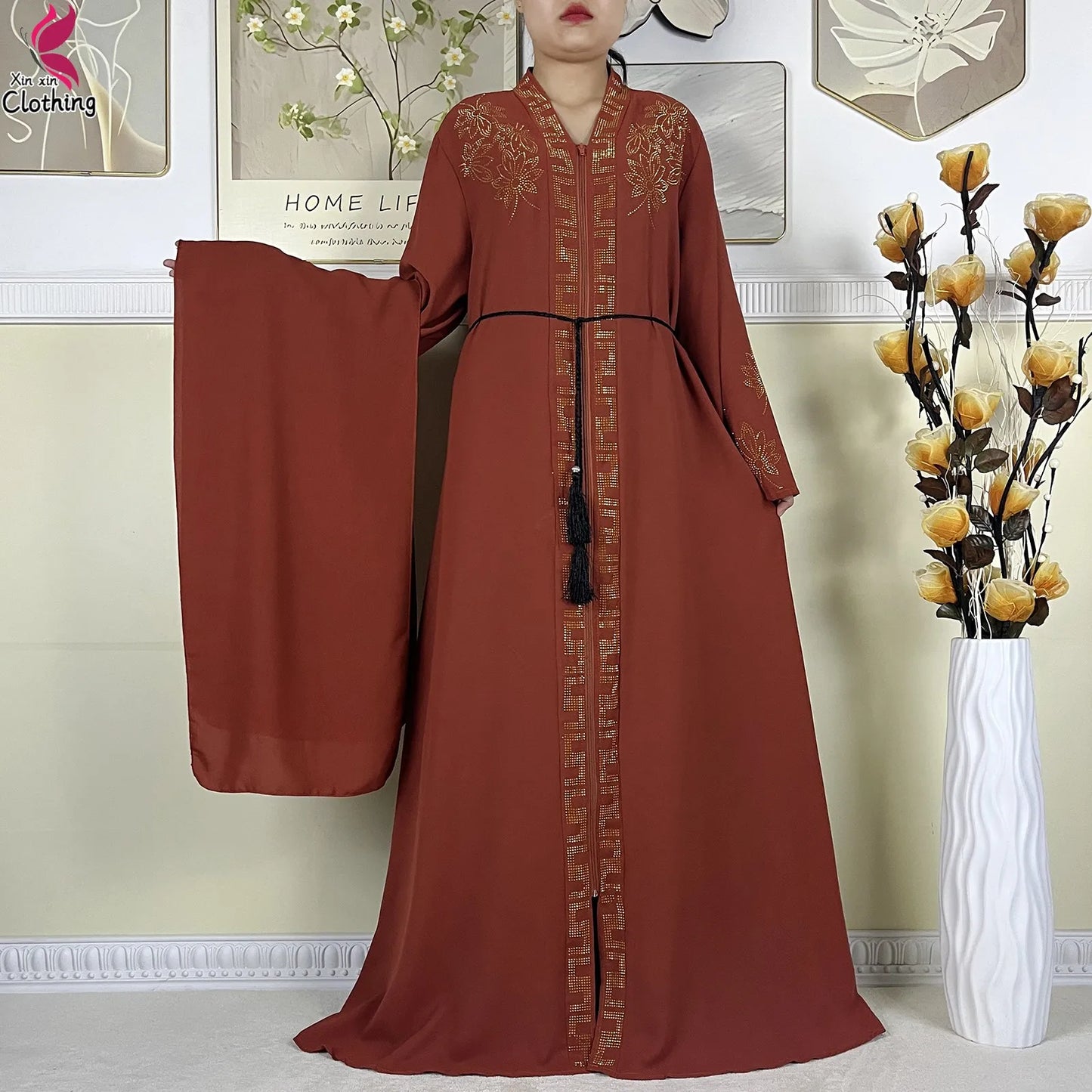 New Muslim Abayas For Women Long Sleeved Dress Dubai Lady Elegant Long Dress Islam Clothing African Abaya Loose Robe With Turban