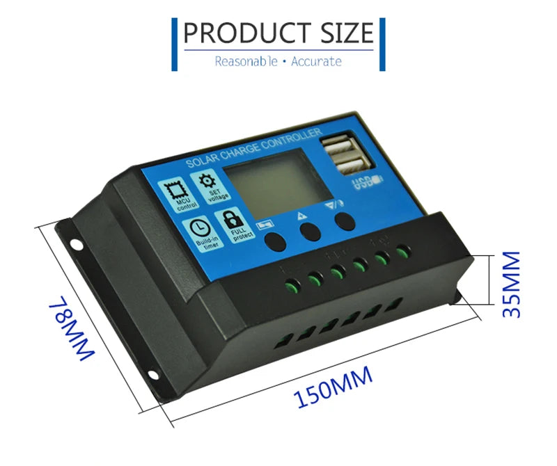 10A 20A 30A PWM Solar Charge Controller 12V/24V Solar Regulator USB 5V Panel Battery Regulator Intelligent LCD Display