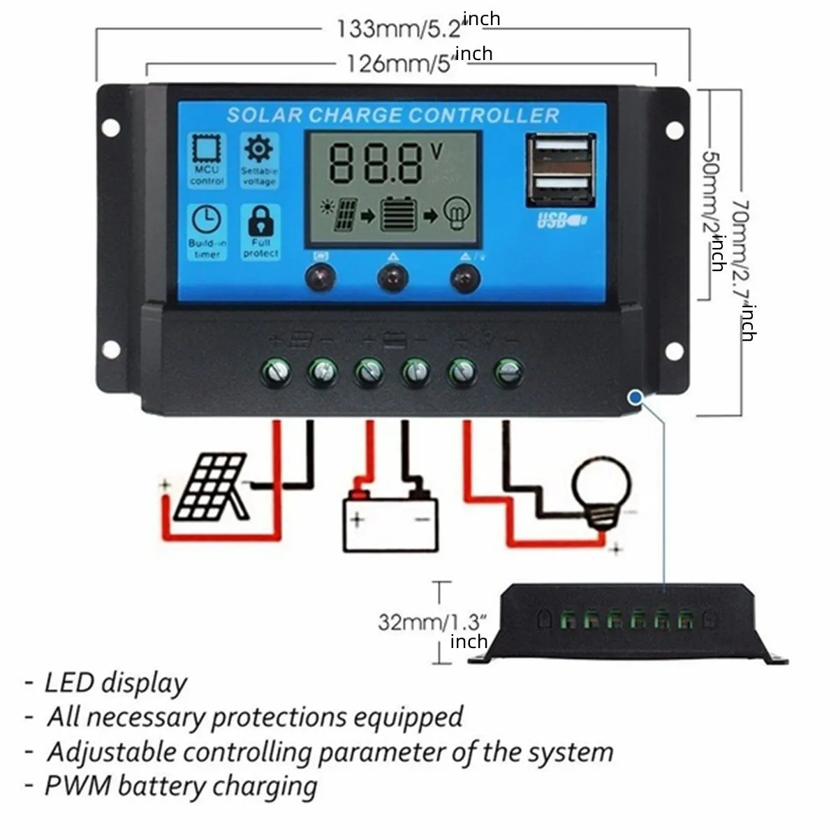 30A Solar Charge and Discharge Controller LCD Display Dual USB Automatic Solar Panel Charger Regulator 12V-24V Voltage Regulator