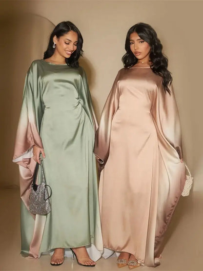 Gradient Batwing Butterfly Sleeve Satin Abaya Dubai Luxury Muslim Kaftan Dress For Women Kebaya Caftan Marocain Femme Vestidos