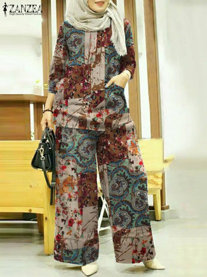 Women Autumn Matching Sets ZANZEA Bohemain Printed Blouse Wide Leg Pant Sets Woman Muslim Suit Fashion 2pcs Floral Tracksuits