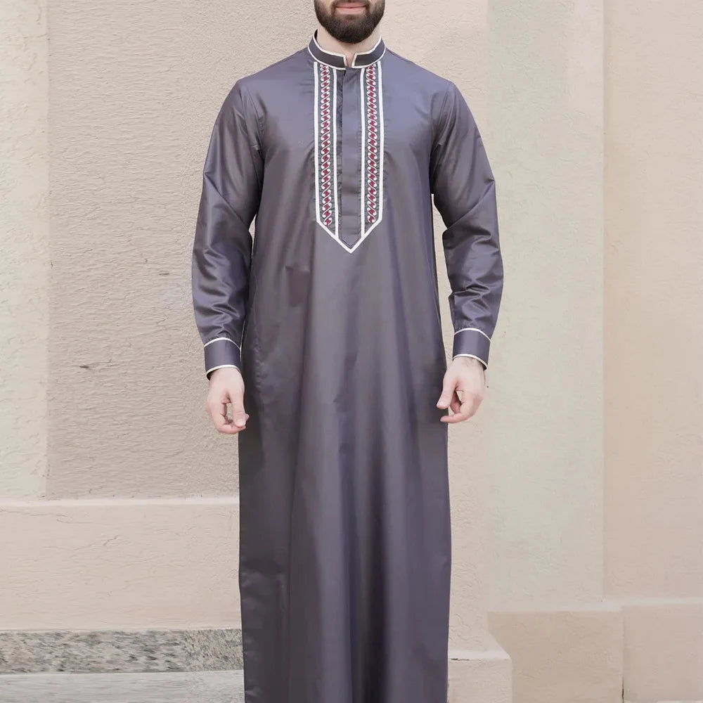 Eid Muslim Fashion Men Jubba Thobe Embroidery Stand Collar Dubai Arab Long Dress Islamic Ramadan Robe Saudi Musulman Abaya Male