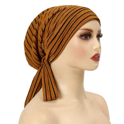 Trendy Stripe Turban Cap Women Muslim Hijab Islamic Chemo Cap Head Scarf Ladies Head Wrap Cover Hijab Scarf