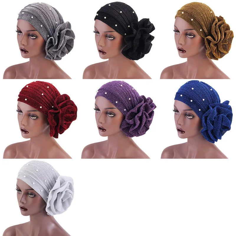 Summer Beading Flower Women's Turban Caps Stretchy Female Headwrap Bonnet Cancer Headwear Muslim Turban Hijabs Islamic Headscarf