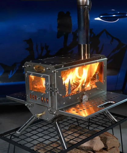 Camping Firewood Stove Outdoor Tent Heating Stove Picnic Cooking wood Stove with Chimney Furnace