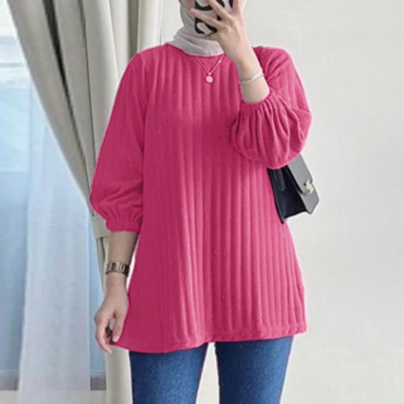 ZANZEA Women Muslim Hijab 3/4 Sleeve Ribbed Blouses Fall 2024 Tops Elegant Daily Shirt Casual Loose T-shirts Islamic Clothing