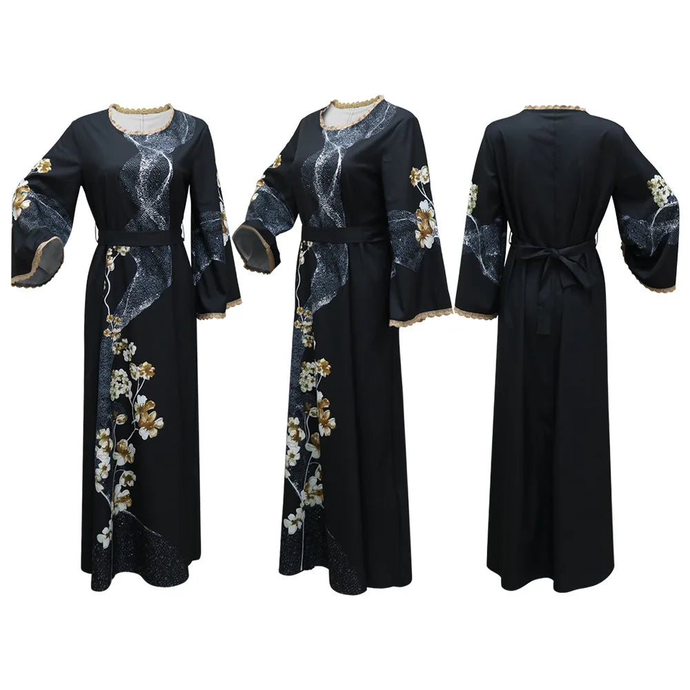 2pcs Set Flowers Printed Dress with Sash Belt Abaya Hijab Veil Fashion Diamonds Robe Muslim Lace Trimming Kaftan Women Long Gown