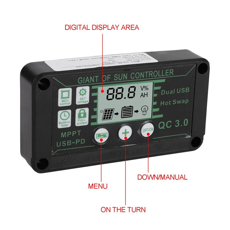 Waterproof MPPT Solar Charge Controller 10/20/30/40/50/80/90/100A 12V/24V Dual USB Auto Display Solar Panel Regulator Controller