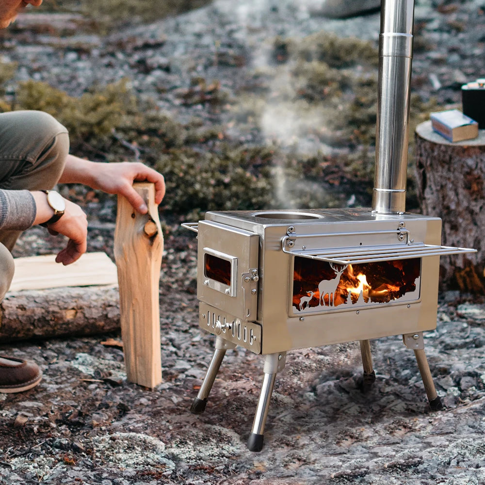 Large Portable Fire Wood Stove with Window Pipe, Tent Heater, Cot Camping, Ice-fishing Cooking, Outdoor BBQ