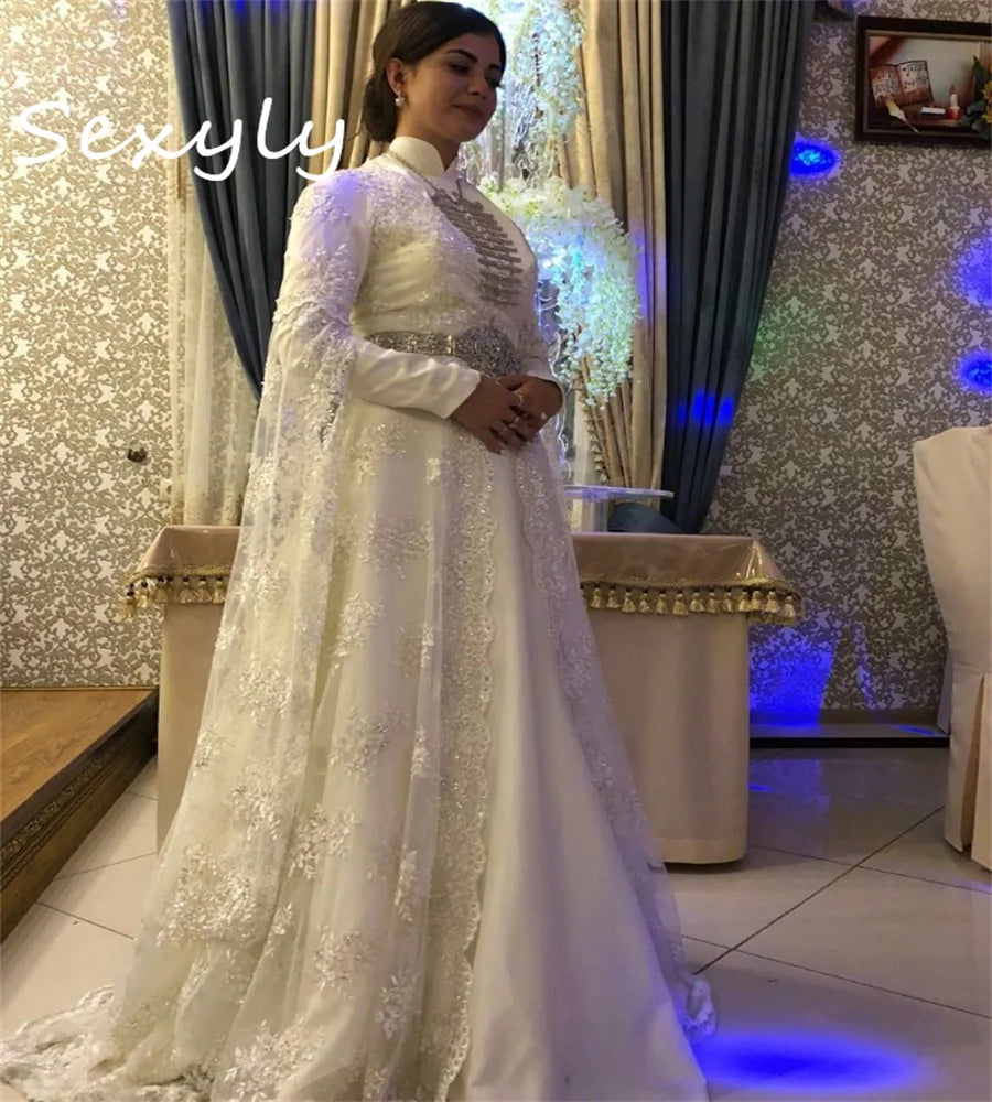 Circassian National Moroccan Wedding Dress Luxury Ingush Muslim Bridal Gown Lace Long Sleeve Turkish Caucasian BrideCustomized