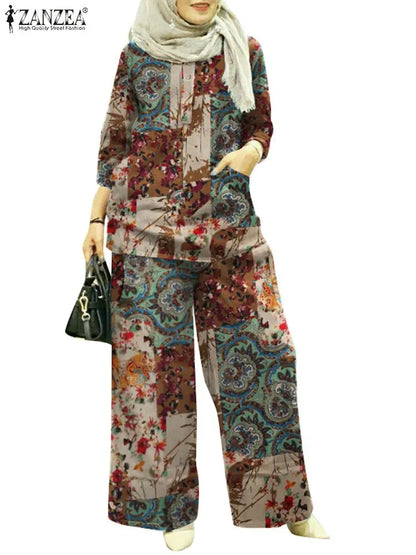 Women Autumn Matching Sets ZANZEA Bohemain Printed Blouse Wide Leg Pant Sets Woman Muslim Suit Fashion 2pcs Floral Tracksuits