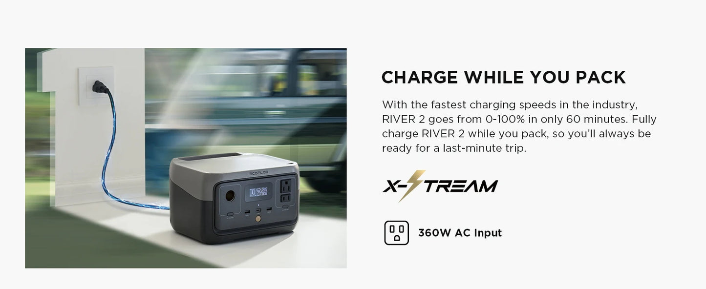 ECOFLOW Portable Power Station RIVER 2, 240Wh LiFePO4 Battery/ 1 Hour Fast Charging, 2 Up to 600W AC Outlets, Solar Generator