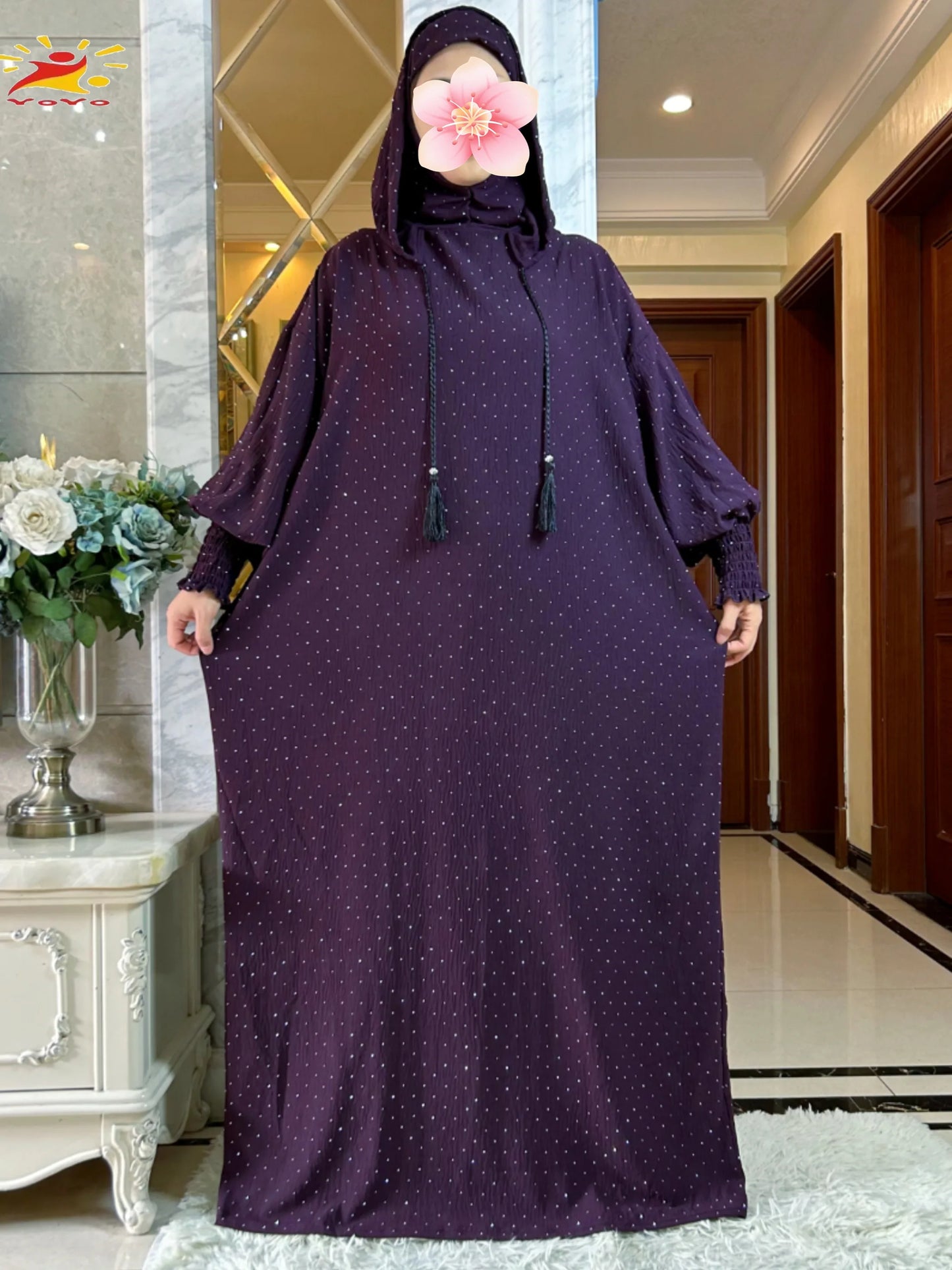 New Ramadan Muslim Double hat Solid Cotton Abaya Dubai Turkey Islam Prayer ClothesWith Stones Dress Islam Women Dress Kaftan