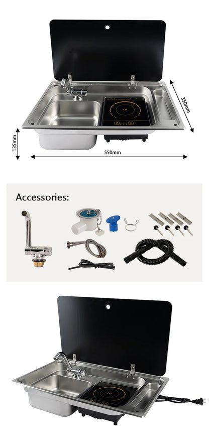 RV Stainless Steel Sink and Induction Cooker Combination Unit with Tempered Glass Lid for RV Caravan Motorhome Yacht