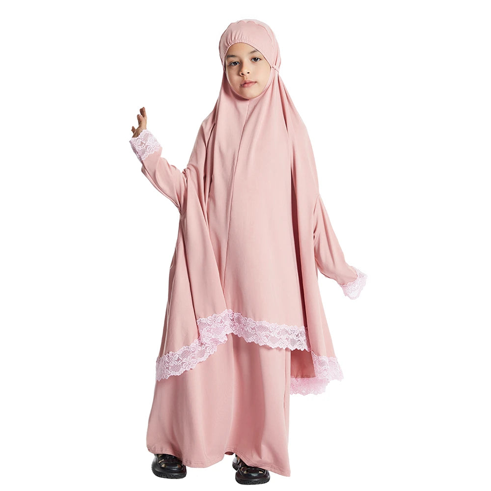 2 Piece Set Prayer Garment Lace Dress Muslim Kids Girls Abaya Gowns Overhead Hijab Long Khimar Ramadan Skirt Arab Clothes Niqab