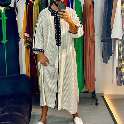 New 2025 Muslim Men Abaya Arabic Islamic Clothing Loose Shirt Robe Jubba Thobe Ethnic Print Saudi Arab Middle East Male Vestidos