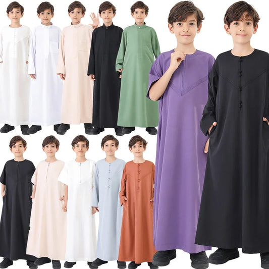 Ramadan Eid Muslim Solid Color Robe Islamic Arab Children Long Sleeve Dress Jubba Thobe Abaya Dubai Boys Clothing Turkey 2025