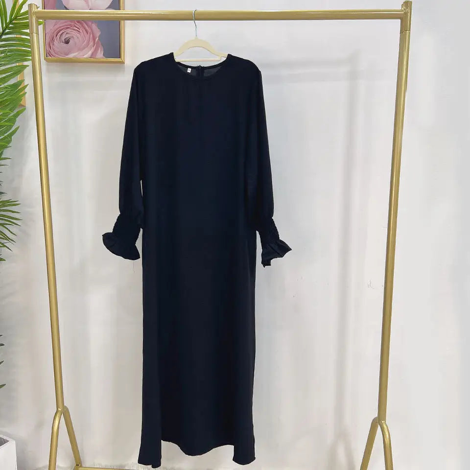 Under Abaya Inner Long Slip Dress Solid Color Smocked Cuffs Islamic Clothing Muslim Woman Casual Dubai Turk Modest Hijabi Robe