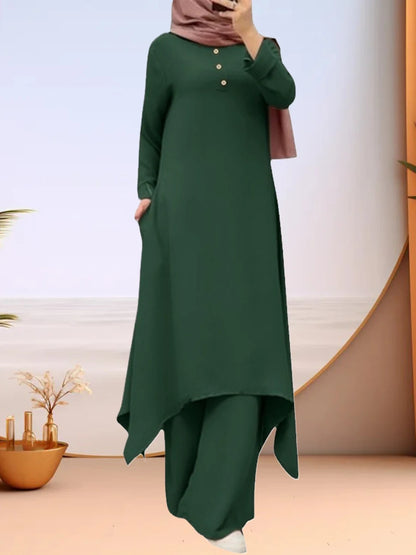 Traf Muslim Pants Suit Women Long Sleeve Blouse Abaya Loose Matching 2-pc Set Solid Bottoming Shirts Fashion Clothing StreetWear