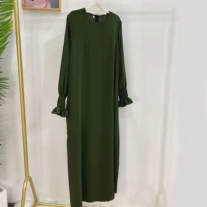 Under Abaya Inner Long Slip Dress Solid Color Smocked Cuffs Islamic Clothing Muslim Woman Casual Dubai Turk Modest Hijabi Robe