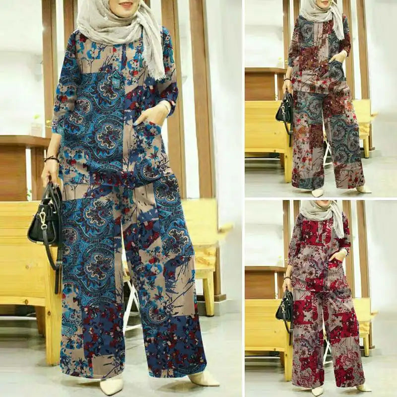 Women Autumn Matching Sets ZANZEA Bohemain Printed Blouse Wide Leg Pant Sets Woman Muslim Suit Fashion 2pcs Floral Tracksuits