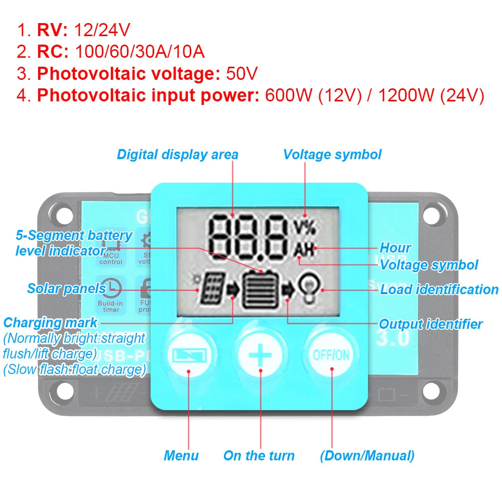 MPPT Solar Charge Controller 10A 12V/24V Multiple Protection Solar Panel Regulator LCD Display Fast Charging 3.0 Battery Charger