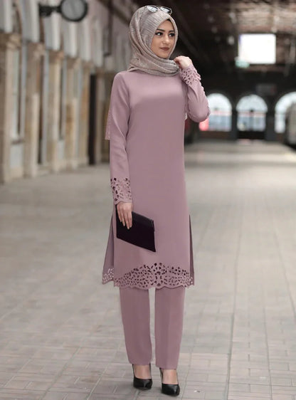 2024 Women Muslim Abaya Sets Fashion Hollow Out Long Sleeve Dreess and Pants Two Pieces Women Islamic Clothing Arab Dubai Kaftan