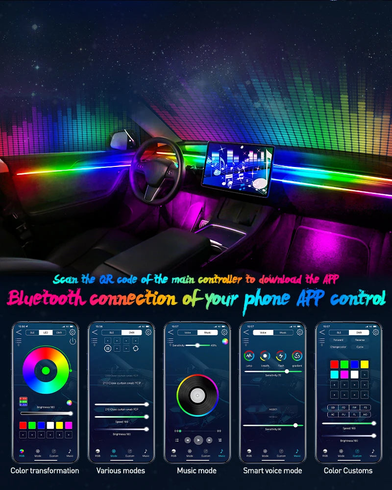 Full Color Streamer Car Ambient Lights RGB 64 Color Universal LED Interior Hidden Acrylic Strip Symphony Atmosphere Lamp