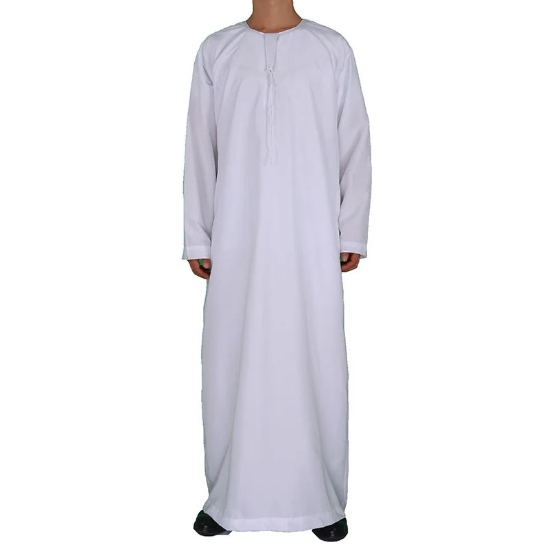 Muslim Men Clothing Galabia Islam Thobe Oman Robes Pocket Design Round Neck Saudi Arabia Qamis Man Solid Color Off-white Abaya