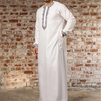 Eid Muslim Fashion Men Jubba Thobe Embroidery Stand Collar Dubai Arab Long Dress Islamic Ramadan Robe Saudi Musulman Abaya Male